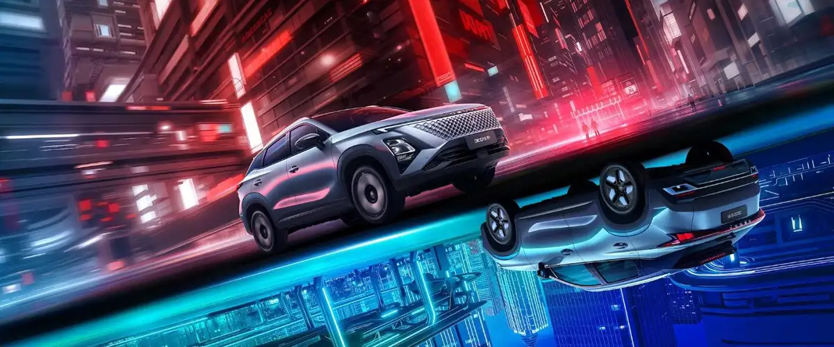 Neon ışıklı fütüristik şehirde yansıma efektiyle ilerleyen yenilikçi SUV modelleri
