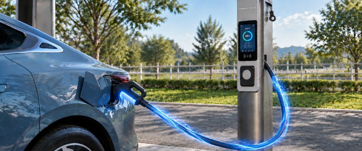 Doğayla iç içe bir ortamda şarj olan elektrikli araç ve Chery ultra hızlı şarj istasyonu
